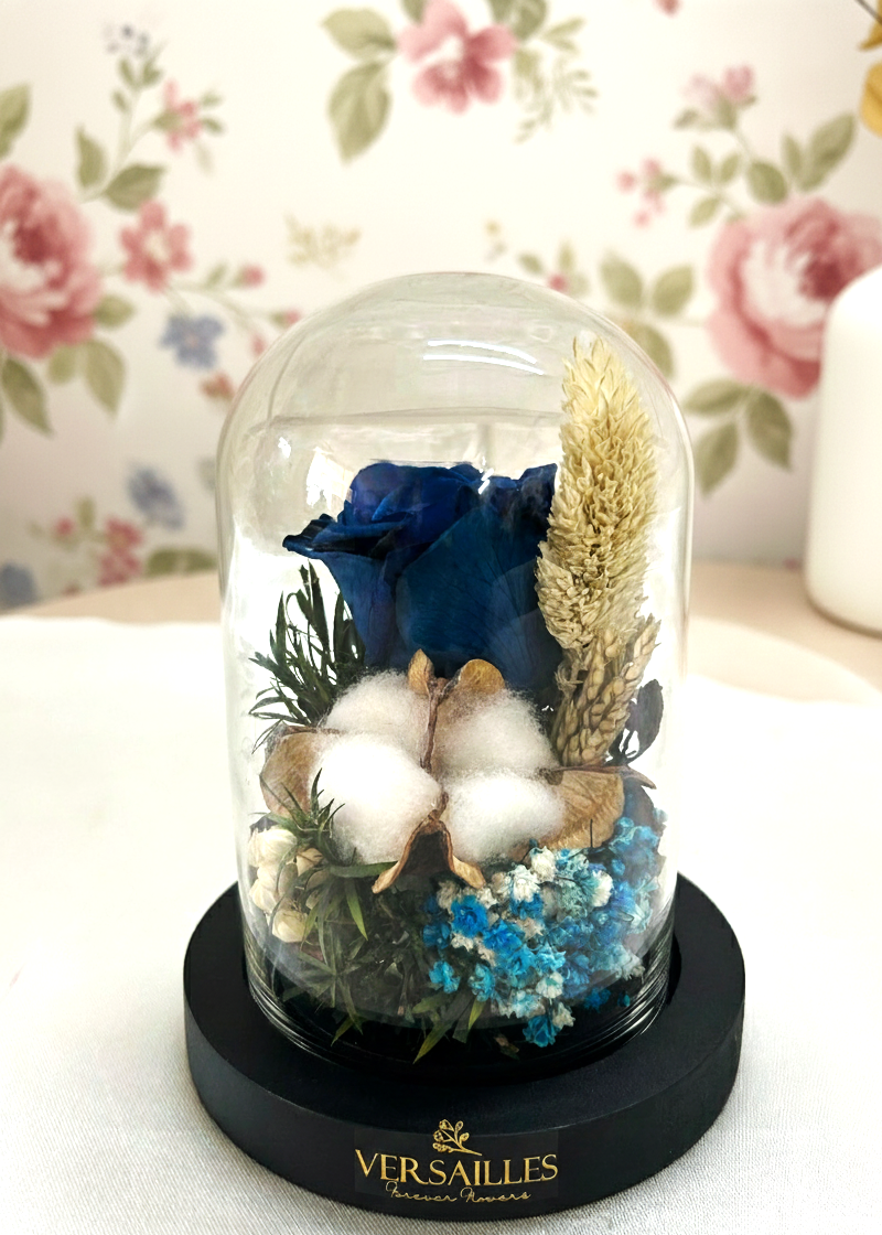Blue Rose with Cotton Flower bunnytail wheat grass