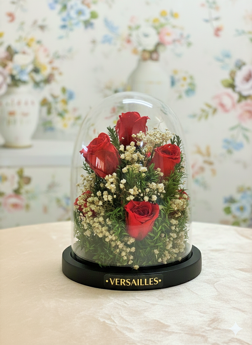 Glass dome with red roses and greenery on a floral-patterned background