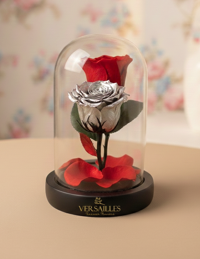 Two roses, one red and one silver,