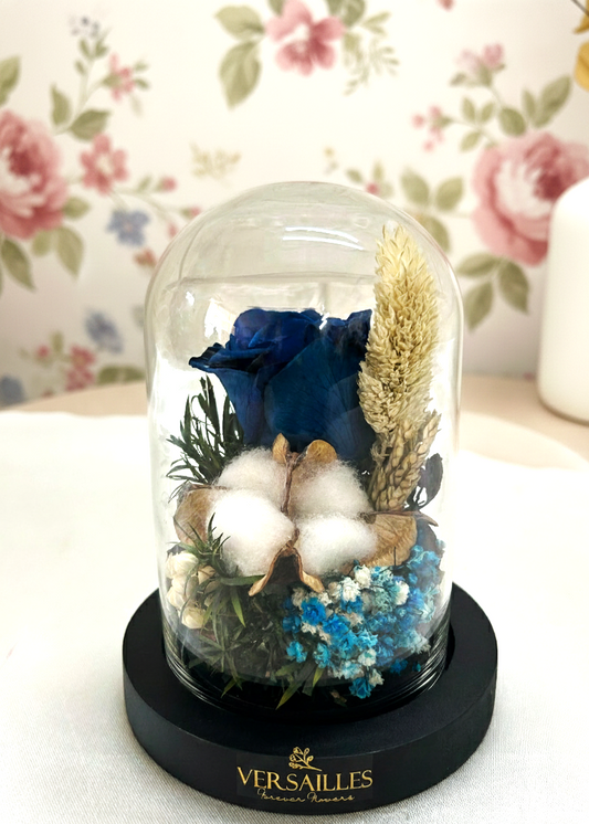 Blue Rose with Cotton Flower bunnytail wheat grass