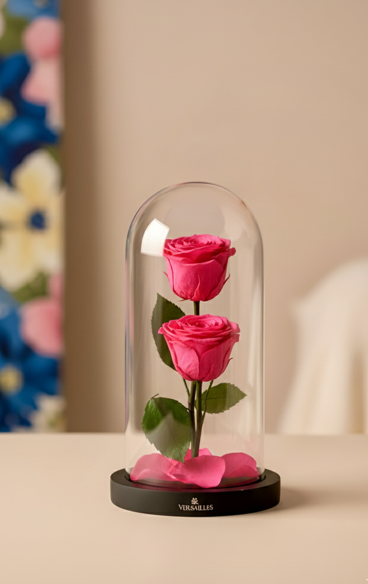 Two pink roses under a glass dome