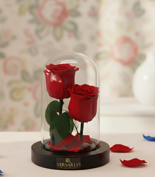Two red roses in a glass dome