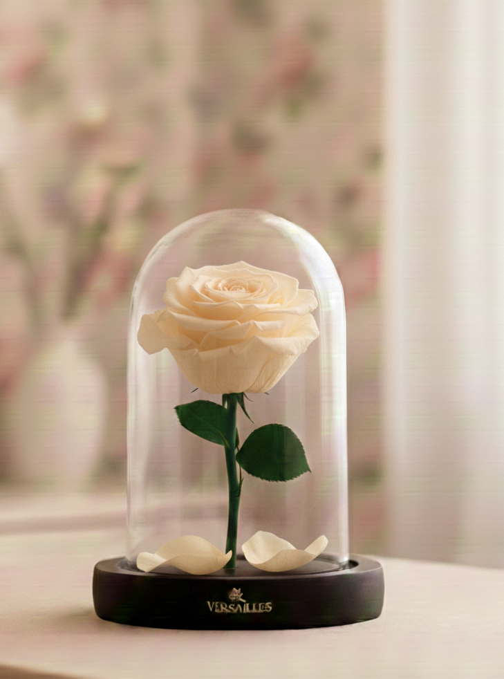 White rose in a glass dome on a black base