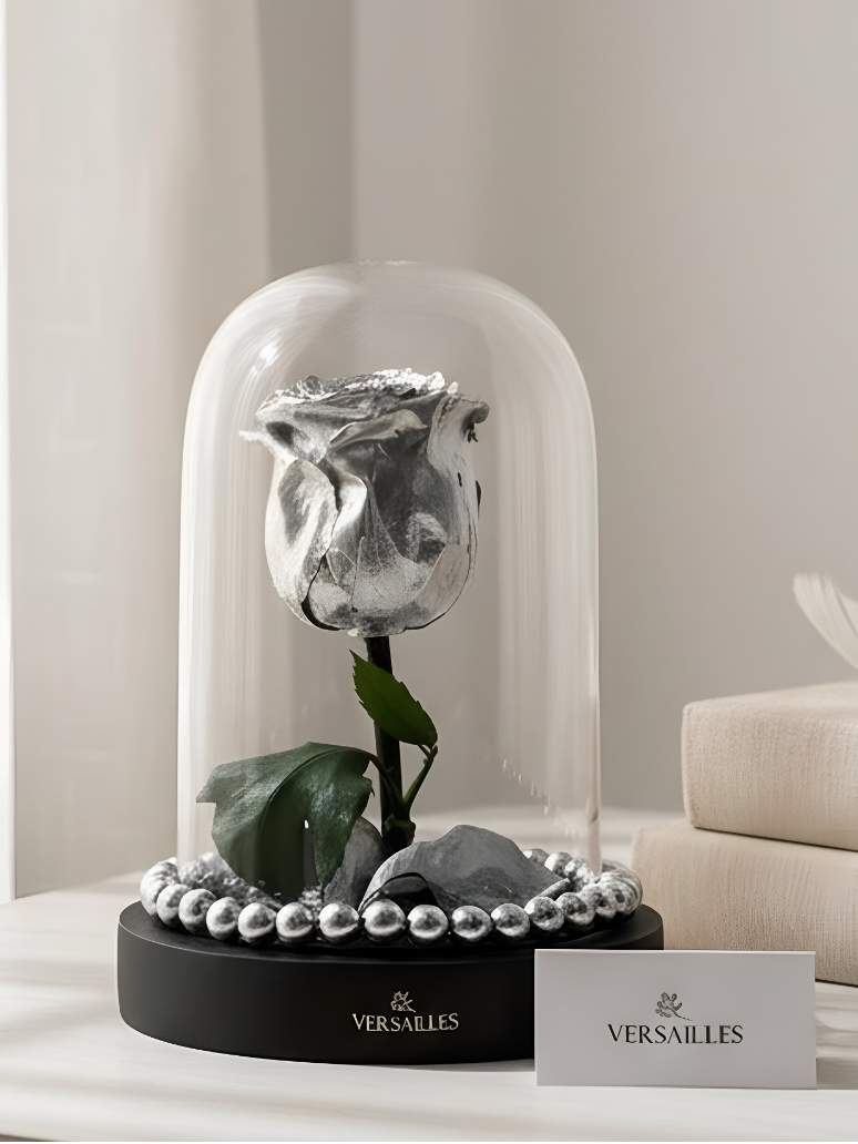 Forever Silver Rose with Silver Beads on Black Base