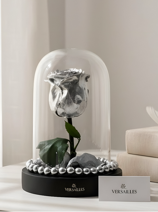 Forever Silver Rose with Silver Beads on Black Base