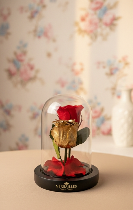 Golden and red rose under a glass