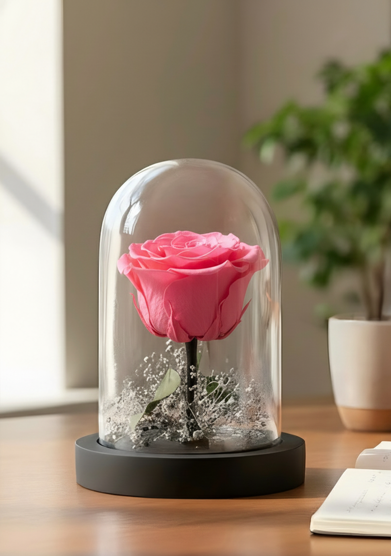 Pink rose in a glass dome on a wooden surface