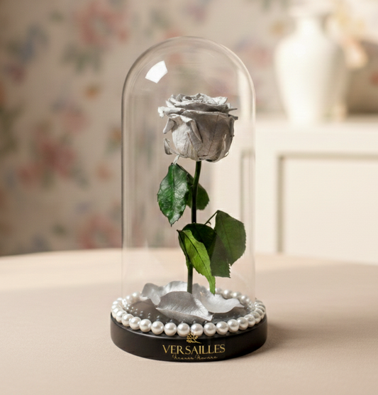 Silver rose in a glass dome 