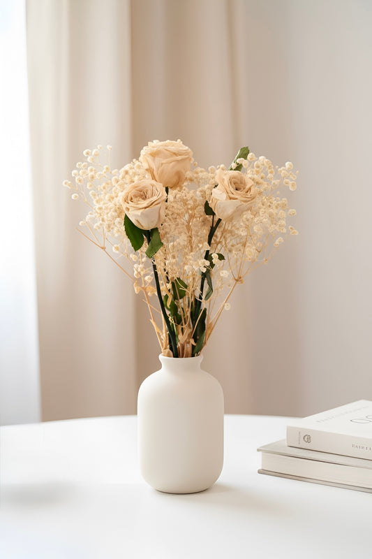 White Rose Bouquet With White Gypso