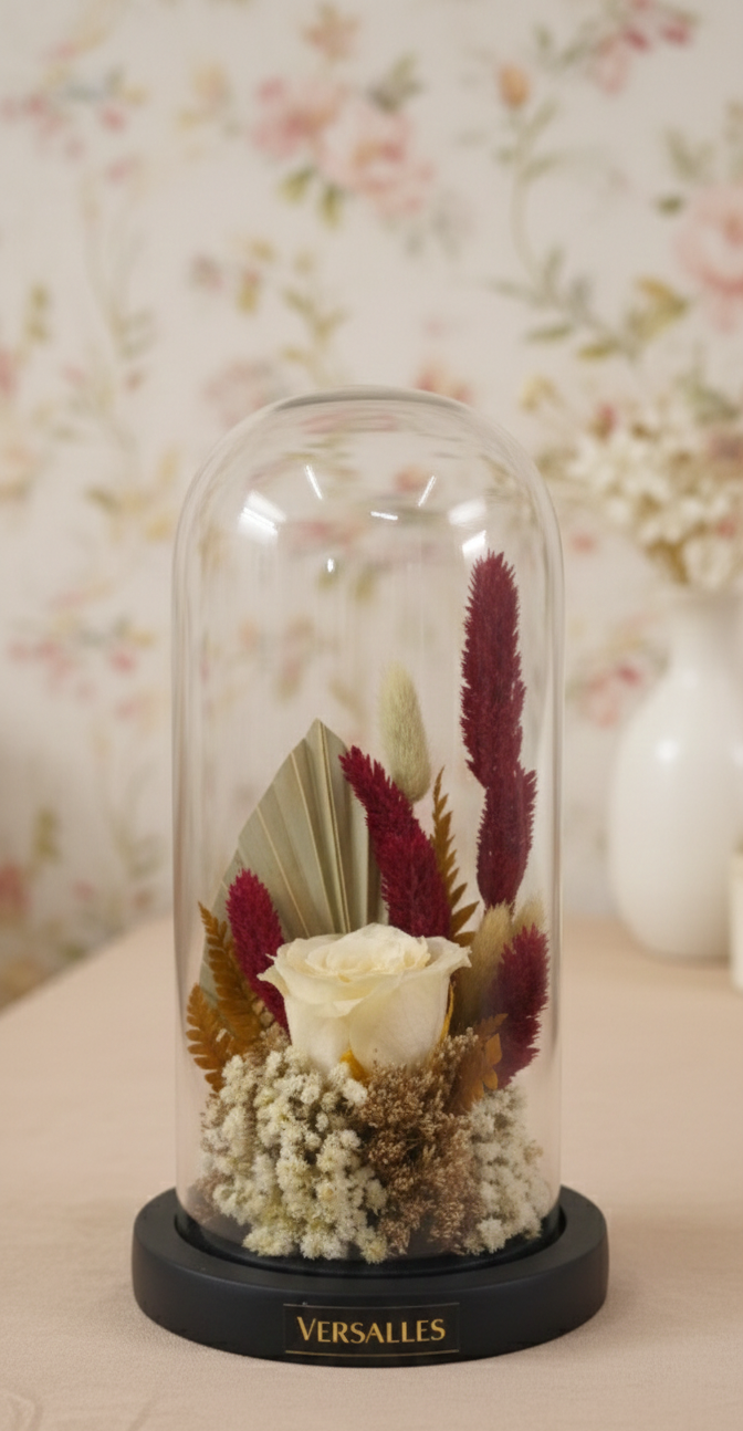 Decorative glass dome with preserved flowers and Versailles branding on a wooden surface.